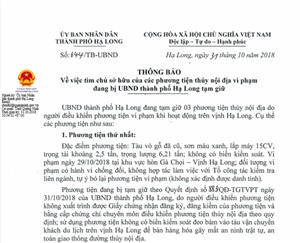 Thông báo số 644/TB-UBND Về việc tìm chủ sở hữu phương tiện thủy vi phạm hành chính đang bị UBND thành phố Hạ Long tạm giữ